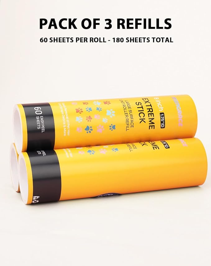 8 inch Large Lint Roller Refills for Scotch-Brite 50% Stickier Large Surface Lint Roller 60 Sheets per Refill, Pack of 3, 180 Sheets Total, Works Great On Pet Hair