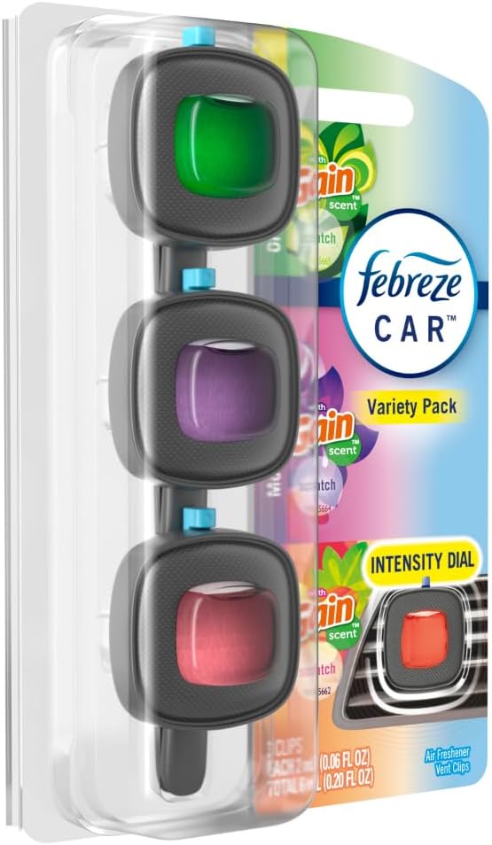 Febreze Car Air Freshener, Odor-Fighting Automotive Vent Clip, Mixed Gain Scent, 3 Count