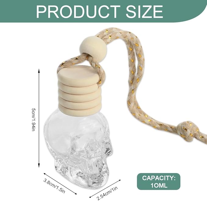 7PCS Car Hanging Diffuser, Car Air Freshener Diffuser Bottle, 8ML Empty Clear Glass Skull Style Empty Bottle, Universal Car Perfume Aromatherapy Essential Oil Pendant Bottle for Women Men
