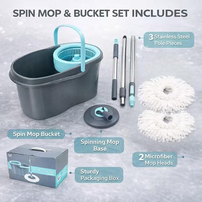 Casabella Spin Mop System with Extra Mop Head Refill - Two-Bucket Design with Splash Guard Built-in Measuring Cup and Scraper Tool with Easy Wring Pedal Spinner, 1.25-Gall (Mop)
