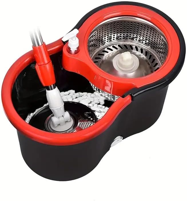 Spin Mop Bucket System, 360 Spin Mop & Bucket Floor Cleaning Stainless Steel Mop Bucket with 61" Extended Handle for Living Room, Bedroom, Kitchen, Office Black