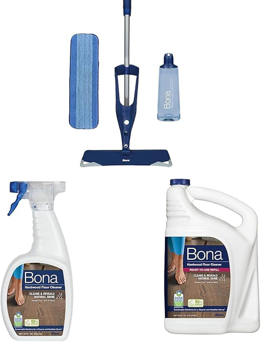 Bona Hardwood Floor Premium Spray Mop & Bona Hardwood Floor Cleaner Spray - 32 fl oz - Unscented - Residue-Free Floor Cleaning Solution for Wood Floors & Bona Hardwood Floor Cleaner Refill - 128 fl oz
