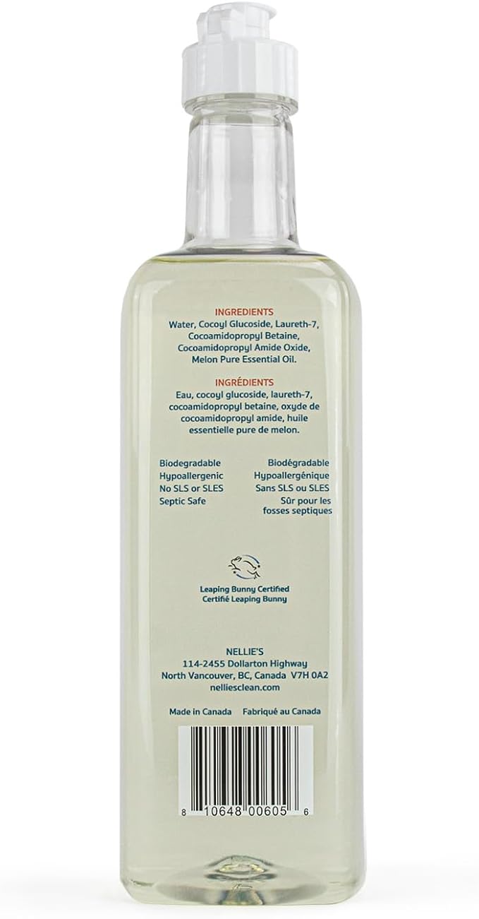Nellie's One Soap – Melon Scent – Gentle Multi-Purpose Cleaner for Dishes, Hands & Household Surfaces – Plant-Based Formula – 19.2 oz (Made in Canada)