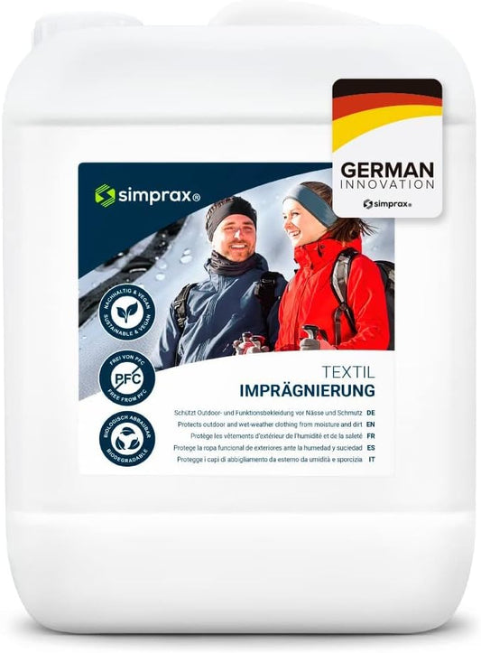 simprax® Textile Waterproof Spray Eco-Friendly & Skin-Safe | Water-Based Waterproofing Spray for Gore-Tex, Sympatex & Softshell | Biodegradable Waterproofing Spray for Fabric Outdoor | Made in Germany