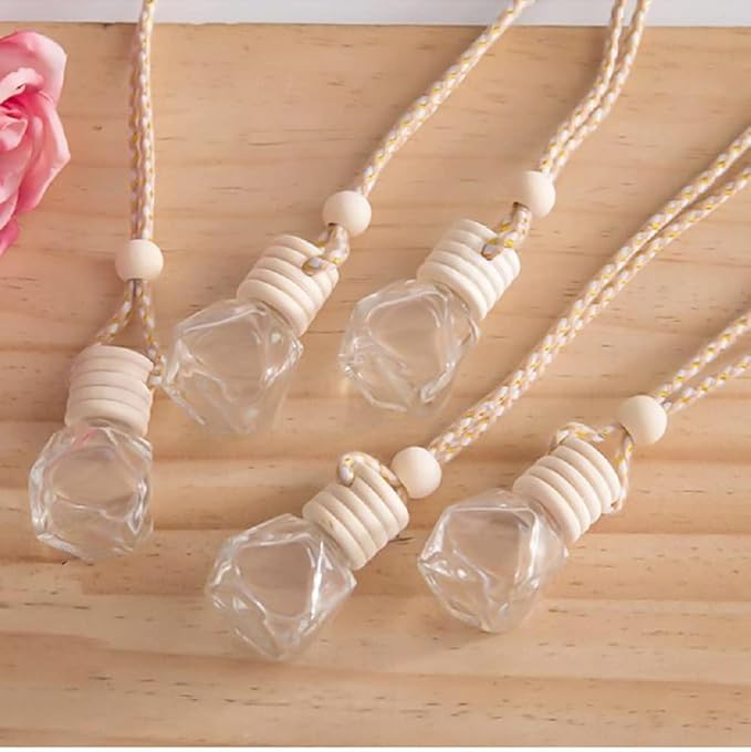 5Pcs 8ml Hanging Car Air Freshener Perfume Bottle, Refillable Aromatherapy Fragrance Clear Empty Essential Oil Diffuser Perfume Pendant Auto Ornaments Decor Accessories with Wooden Caps