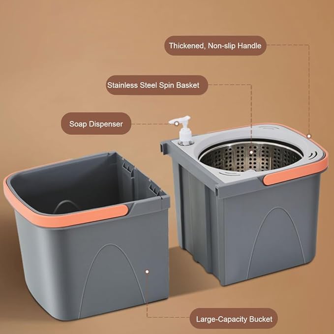 Spin Mop and Detachable Wringer Bucket Set, Separates Clean & Dirty Water, 180° Spinning Microfiber Mop Heads, Household Floor Cleaning System for Hardwood, Wood, Laminate, Tile