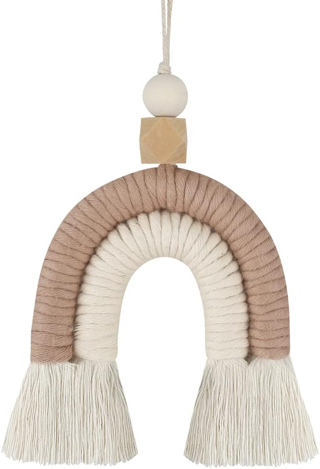 Macrame Rainbow Charm Boho Felt Ball Wood Bead Essential Oils Diffuser Interior Decor Handmade Car Accessories Colorful Hanging Air Freshener Decor(Brown)