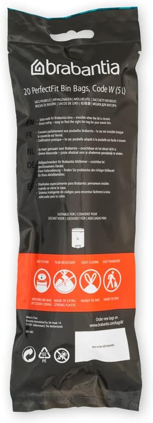 Brabantia PerfectFit Trash Bags (Size W/1.3 Gal) Thick Plastic Trash Can Liners with Drawstring Handles (200 Bags)