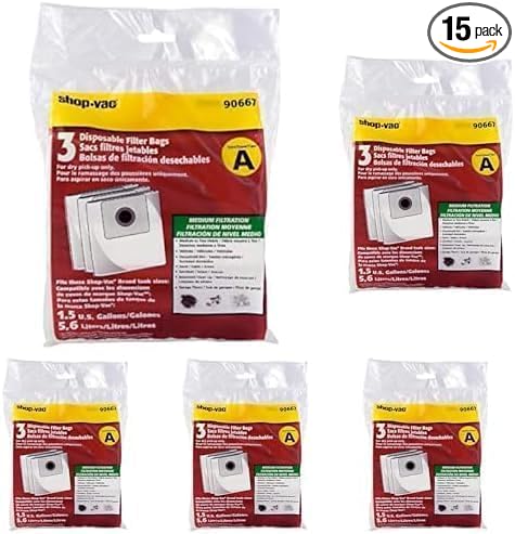 Shop-Vac 9066733 Disposable Filter Bags, Fits 1-1.5 Gallon Tanks, Dry Pick Up Only, White, 3 Count (Pack of 5)