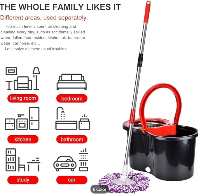 360° Spin Mop and Bucket with Wringer Set, Stainless Steel Extended Handle, 4 Microfiber Mop Refills, Red and Black, Floor Cleaning System