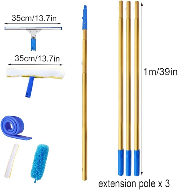Window Glass Cleaner with Extension Pole 55"/94"/137"/177" Long Handled Cleaning Kit Rubber Wiper for Bathroom, Garage, Window Cleaning Equipment with Microfiber Scrubber (177")