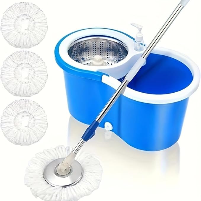 360° Spin Mop and Bucket System with Wringer - 61" Stainless Steel Handle & 3 Microfiber Refills, Self-Cleaning Floor Mop for Tile, Hardwood, Laminate Floors (Blue and White)