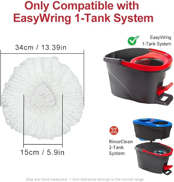 4-Pack Mop Replacement Heads Compatible with Ocedar EasyWring 1-Tank Spin System, UP 40% More Cleaning Power Mop Replace Head, Microfiber and Machine Washable Deep Cleaning Mop Refills (White)