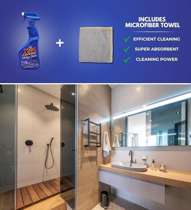 Malco X-14 Mildew Stain Remover Spray 1 qt Bundle with Microfiber Cloth - Fast-Acting Mold and Mildew Cleaner for Grout, Tile, Vinyl, Plastic, Boats, and More - No Scrubbing Required - (2 Items)