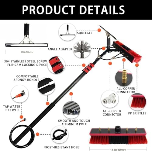 Glass Cleaning Brush Home Water Fed Telescopic Pole Kit Solar Panel Brush Rotating for Photovoltaic Panel，Telescopic Window Cleaning Kit - 3.6-11M Extension Pole with Solar Panel Brush for G