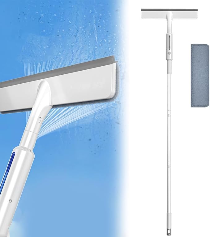 Window Cleaning Squeegee, Window Spray Cleaning Mop with Extension Pole & Cleaning Fabric for Windows Bathrooms Mirrors