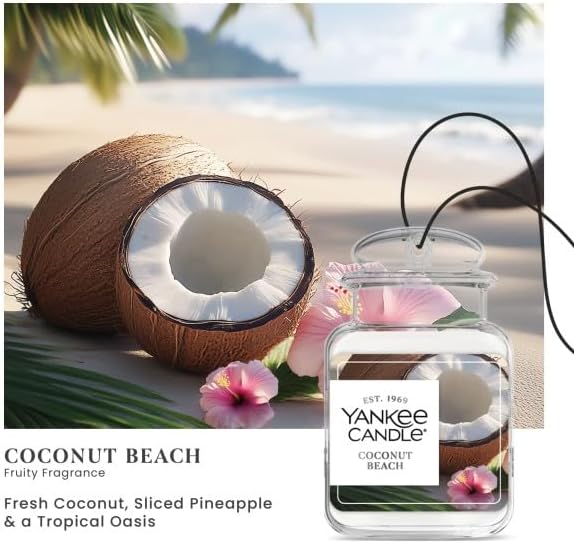 Yankee Candle Car Jar Ultimate, Coconut Beach, Automotive Hanging Air Freshener Deodorizer with Long Lasting Tropical Scent for Vehicles and Small Spaces, 0.96 Ounce (Pack of 6)