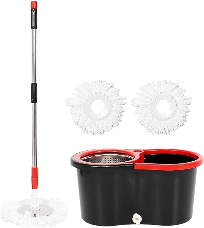360° Spin Mop Bucket Sets with Wring System in 3 Microfiber Heads, Stainless Steel Basket