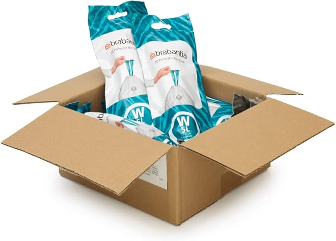 Brabantia PerfectFit Trash Bags (Size W/1.3 Gal) Thick Plastic Trash Can Liners with Drawstring Handles (200 Bags)
