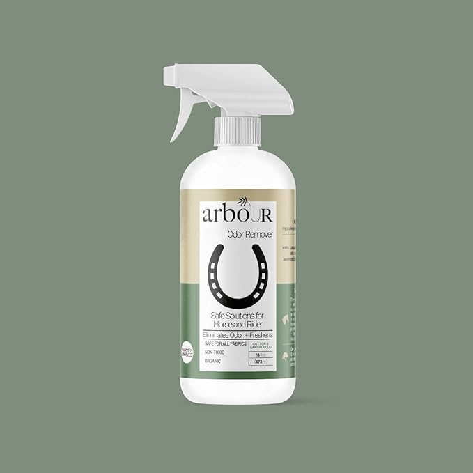 ARBOUR OdorRemover Spray Long-Lasting Barn Smell Neutralizer | Hypoallergenic, Phosphate-Free Cotton + Sandalwood Freshness | Safe for Tack, Helmets, Fabrics | 16 fl oz