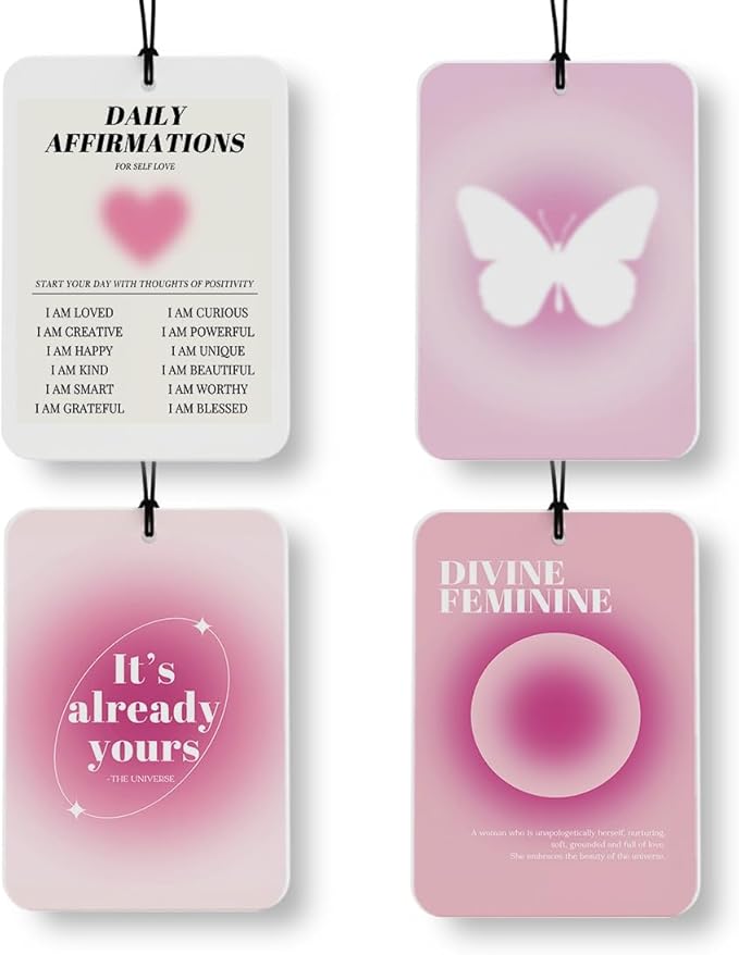 Cute Pink Butterfly Aura Car Air Freshener 4 Pcs, Funky Y2K Inspirational Daily Affirmations Air Freshener Hanging Decor for Cars Closet Drawer Books Accessories Gifts