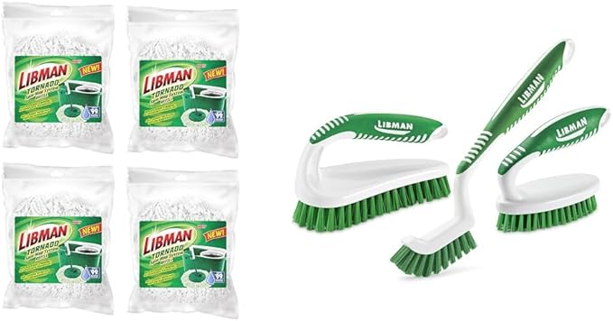 Libman Tornado Spin Mop Refills-Case of 4-Microfiber Head, Easy to Replace, Machine Washable & Scrub Brush Kit – Three Different Durable Brushes for Grout, Tile, Bathroom, Kitchen