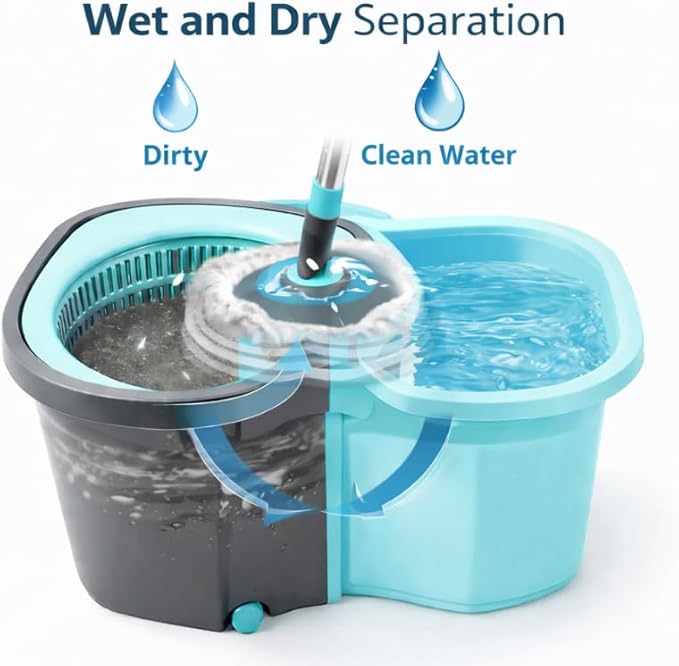 Casabella Spin Mop System with Extra Mop Head Refill - Two-Bucket Design with Splash Guard Built-in Measuring Cup and Scraper Tool with Easy Wring Pedal Spinner, 1.25-Gall (Detachable Mop)