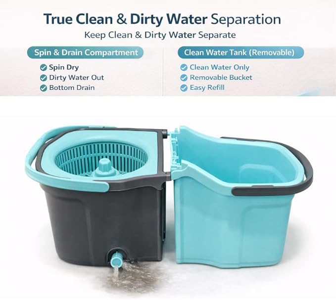 Casabella Spin Mop System with Extra Mop Head Refill - Two-Bucket Design with Splash Guard Built-in Measuring Cup and Scraper Tool with Easy Wring Pedal Spinner, 1.25-Gall (Detachable Mop)