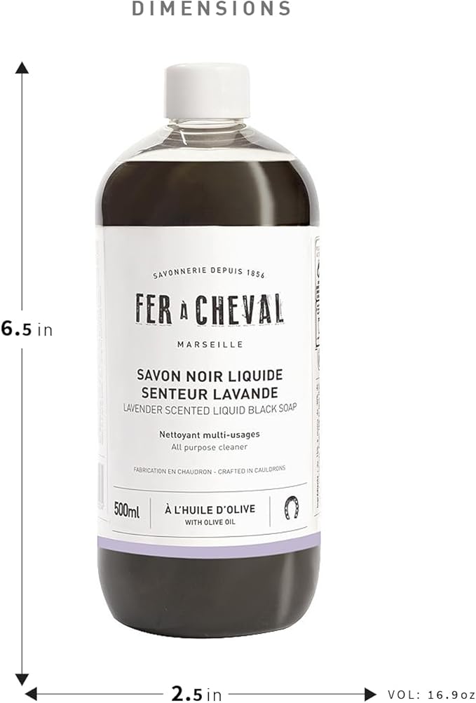Fer à Cheval Liquid Black Soap All Purpose Cleaner with Olive Oil, Concentrated Multi-Use Cleaner for Home Surfaces, 500 ml/16.91 fl oz, Lavender Soap