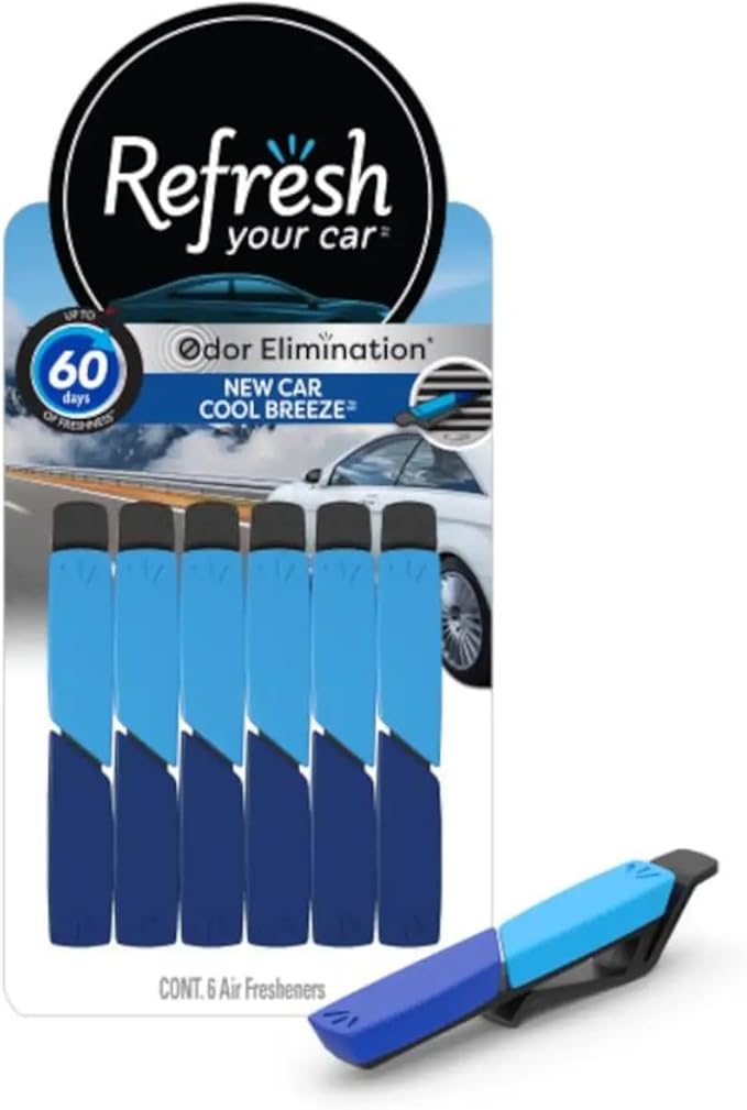 Refresh Your Car Odor Eliminating Auto Vent Stick Car and Home Air Freshener, New Car/Cool Breeze Scent, 6 Sticks
