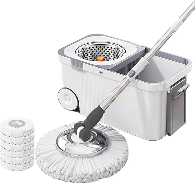 Automatic Spin Mop & Bucket Set, 360° Spinning Mop System with 6 Extra Refill Heads and Refills Extended Handle, Hand-Free Automatic Dehydration Mop for Household Floor Cleaning