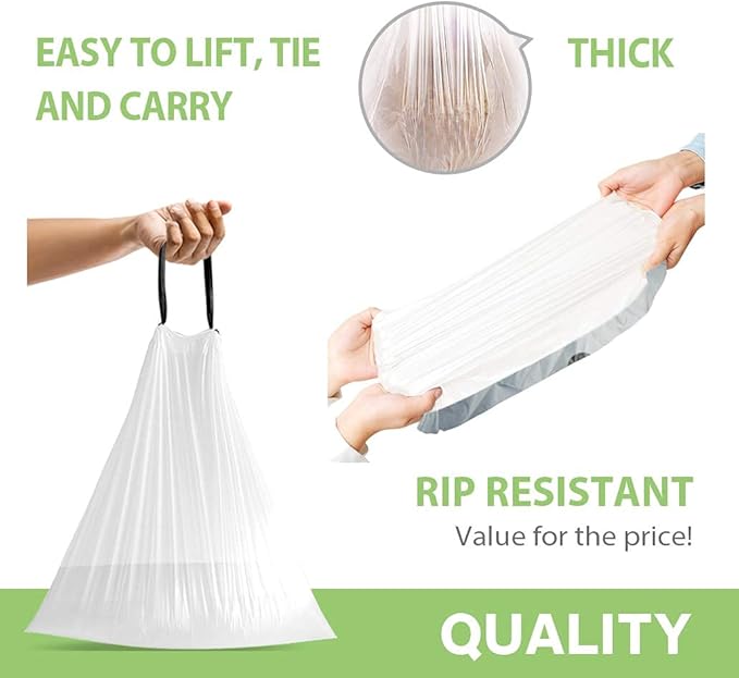 3 Gallon 220pcs Strong Drawstring Trash Bags Garbage Bags by Teivio, Bathroom Trash Can Bin Liners, Small Plastic Bags for home office kitchen, White
