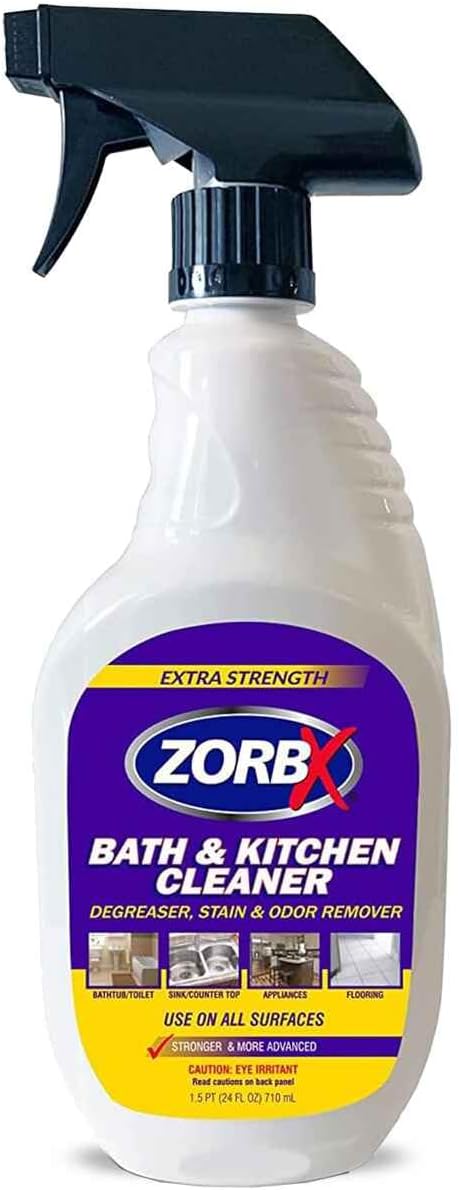 ZORBX Bathroom & Kitchen Odor & Stain Remover Spray (24 oz) - Extra-Strength All-Purpose Floor Cleaner W/Scrub-Free Formula - Fast-Acting Surface Cleaner, Countertop & Sink Cleaning Degreaser