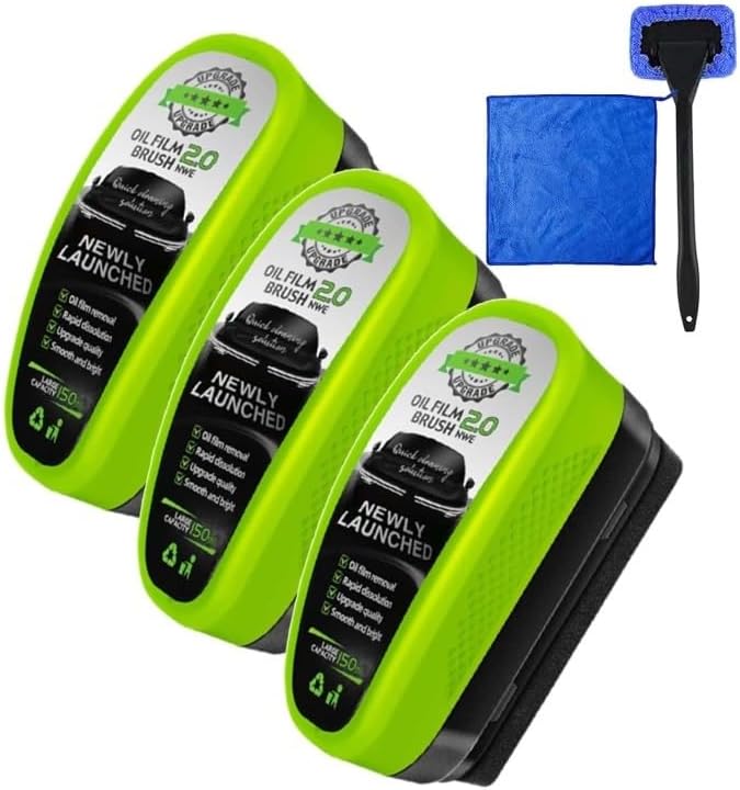 Clear Vision Glass Cleaner, 2025 Upgrade 2.0 ClearVision Glass Cleaner, Oil Free Car Glass Brush,Reusable Prevents Rain and Fog Glass Brush，Removes Oil Film & Grime in Seconds(3set)