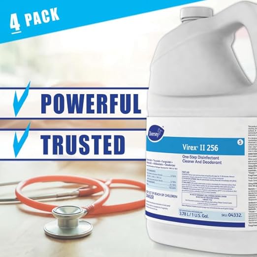 VIREX Diversey II 256 04332. Liquid Disinfectant Cleaner and Deodorant, Hospital Grade Floor Cleaner with Mint Scent, Concentrate, 1-Gallon (Pack of 4)