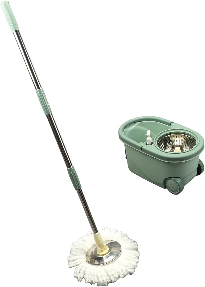 ZJchao Spin Mop and Bucket, Mop Bucket Separate Dirty Water Mop Bucket with Wringer, Green, Plastic, Floor Cleaning Set