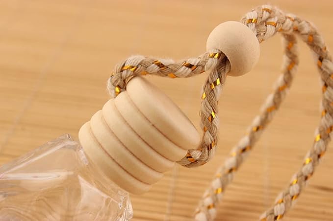 7Pcs 8ml Hanging Car Air Freshener Perfume Bottle, Refillable Aromatherapy Fragrance Clear Empty Essential Oil Diffuser Perfume Pendant Auto Ornaments Decor Accessories with Wooden Caps