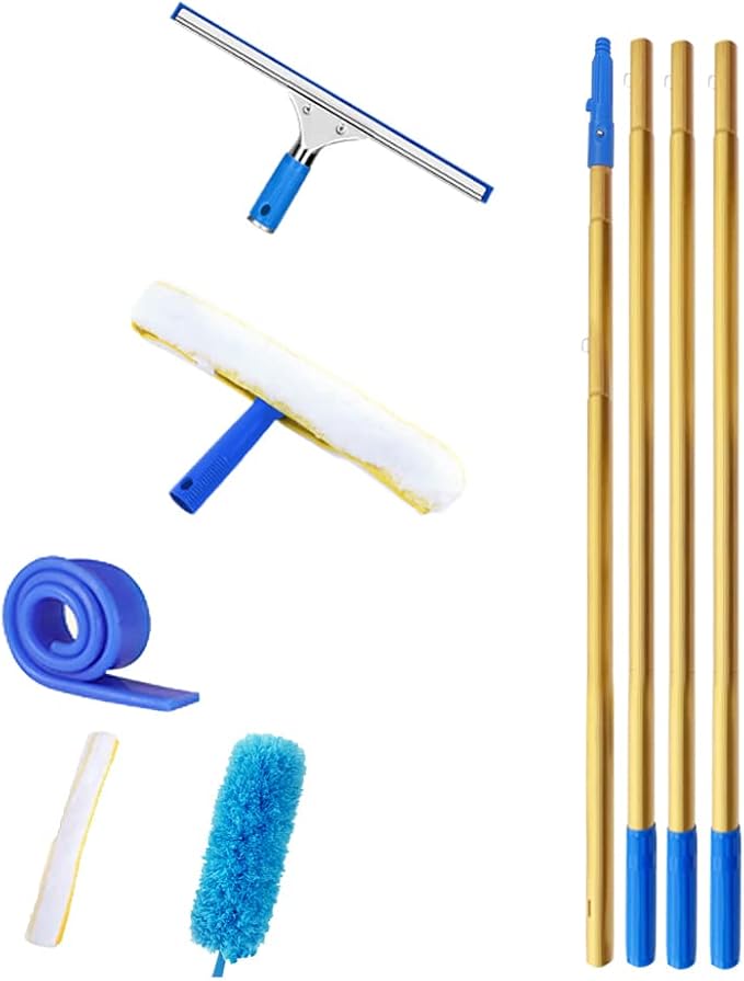Window Glass Cleaner with Extension Pole 55"/94"/137"/177" Long Handled Cleaning Kit Rubber Wiper for Bathroom, Garage, Window Cleaning Equipment with Microfiber Scrubber (177")