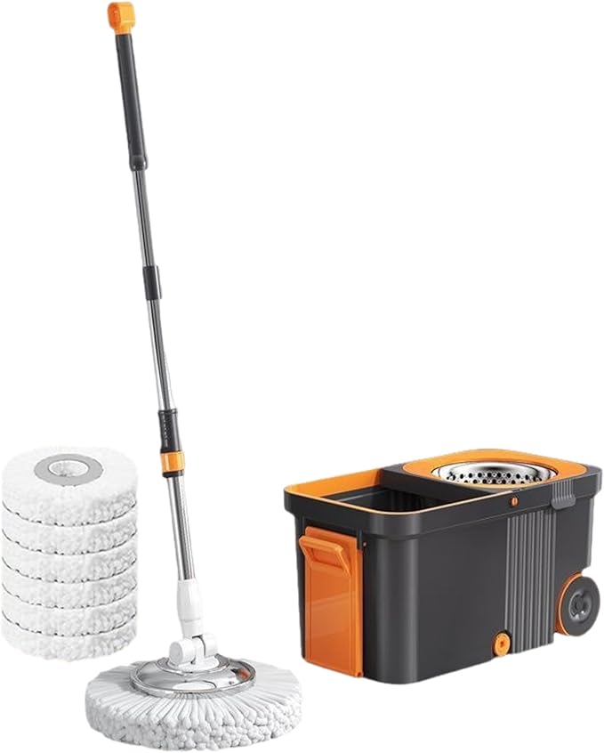 Spin Mop and Bucket,Mop and Bucket with Wringer Set for Home,360 Degree Stainless Steel Spin Mop,Microfiber Mop Head,Household Essentials Cleaning Tools,Wall Floor Cleaning Supplies (Orange)