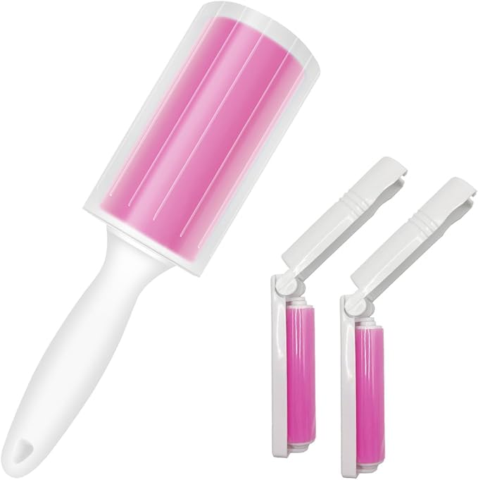 Washable Gel Lint Roller 3 Pack, Reusable Sticky Lint Roller Portable Pet Hair Remover Cleaner for Clothes, Travel, Home, Large with Cover and Foldable Mini Remover, Pink