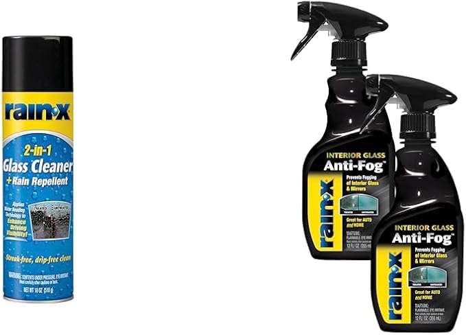 Rain-X Glass Care Bundle: 18 oz 2-in-1 Glass Cleaner Plus Rain Repellent with 2-Pack 12 oz Interior Anti-Fog Spray for Auto & Marine Glass