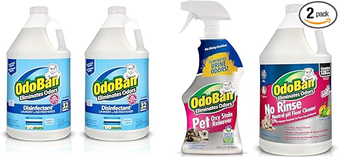 OdoBan Disinfectant Concentrate and Odor Eliminator, 2 Gallons, Fresh Linen Scent & Pet Solutions Neutral pH Floor Cleaner Concentrate, 1 Gallon, and Oxy Stain Remover, 32 Ounce Spray