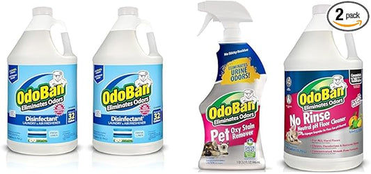 OdoBan Disinfectant Concentrate and Odor Eliminator, 2 Gallons, Fresh Linen Scent & Pet Solutions Neutral pH Floor Cleaner Concentrate, 1 Gallon, and Oxy Stain Remover, 32 Ounce Spray