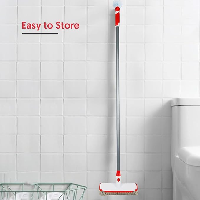 Floor Scrub Brush with Long Handle, Scrubbing Brush Squeegee Broom for Cleaning, 2 in1 Stiff Bristle Shower Scrubber Floor Squeegee for Pool Wall Tile(White)