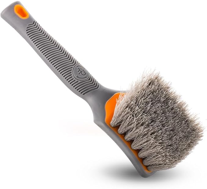 Detail Factory - ProGrip Tire Brush - Ergonomic ProGrip Handle, Stiff Synthetic Bristles, Ergonomic Design, Efficient Tire Brushes for Cleaning Tires - Solar Flare