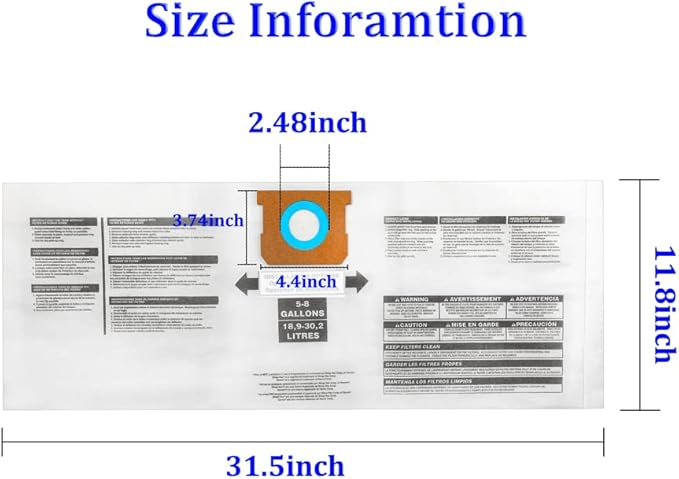 Replacement Filter Bags 5-8 Gallon for Shop Vac Vacuum, Type E 90661 9066133, Type H 90671 9067133; VF2004, VHBS VDBS, Disposable Wet Dry Vacuum Collection Bags for 5-8 Gallon Vacuum, 3 PCS