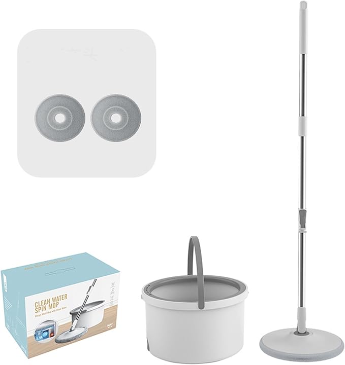 Spin Mop and Bucket Floor Cleaning Set with 2 Mop Pads, Dual Compartment Mop Bucket with Clean and Dirty Water Separation System, Hand-Free Floor Cleaning Mop