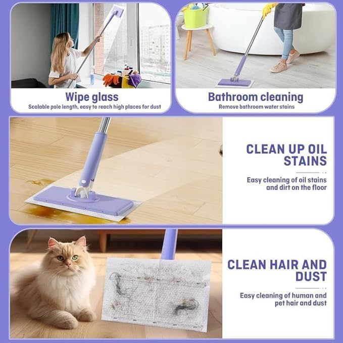 Tapinterior Mop, Convenient Cloth Changing Mini Mop, Lazy Mops Automatic Gripping, Hands-Free Replacement Easy Detach & Reuse, for Kitchen & Bathroom (White,43in)