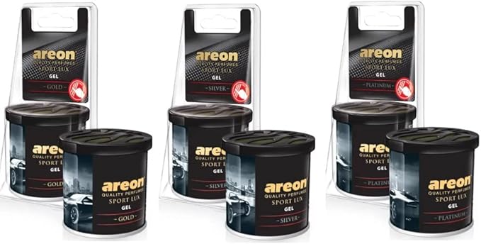 AREON Car Perfume GEL Can LUX Air Freshener Long Lasting Scent for Car or Home Odor Eliminator MIXED scents (1 GOLD, 1 SILVER, 1 PLATINUM) - scents (Pack of 3)