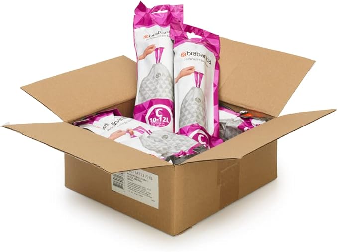 Brabantia PerfectFit Trash Bags (Size C/2.6-3.2 Gal) Thick Plastic Trash Can Liners with Drawstring Handles (200 Bags)